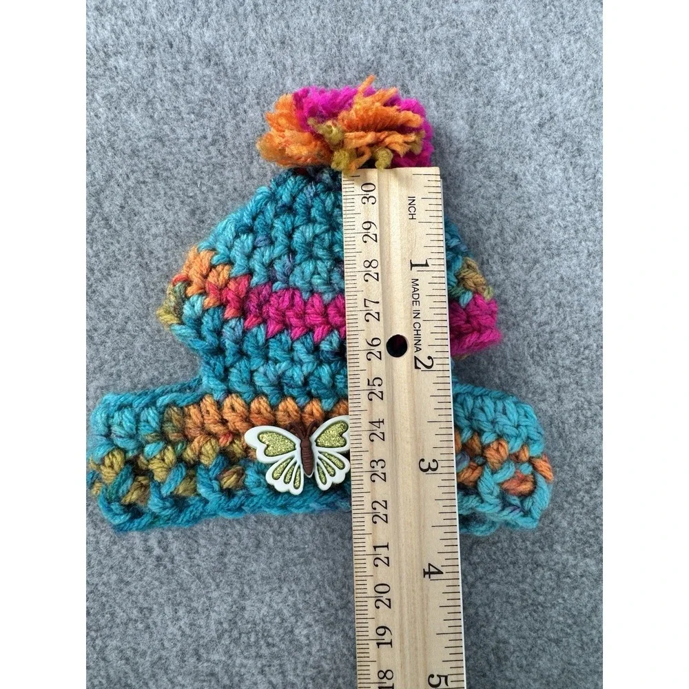 Dog Sweater & Hat Set Small Teal Multicolor Handmade Crochet Pom Pom Puppy